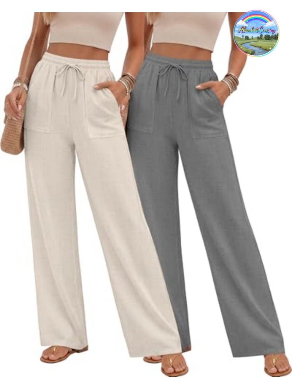 2 Pk Women's Linen Viscose Blend Straight Pants Elastic Drawstring